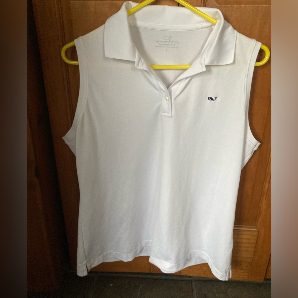 Vineyard Vines White Sleeveless Polo Tee with Navy Whale Logo
